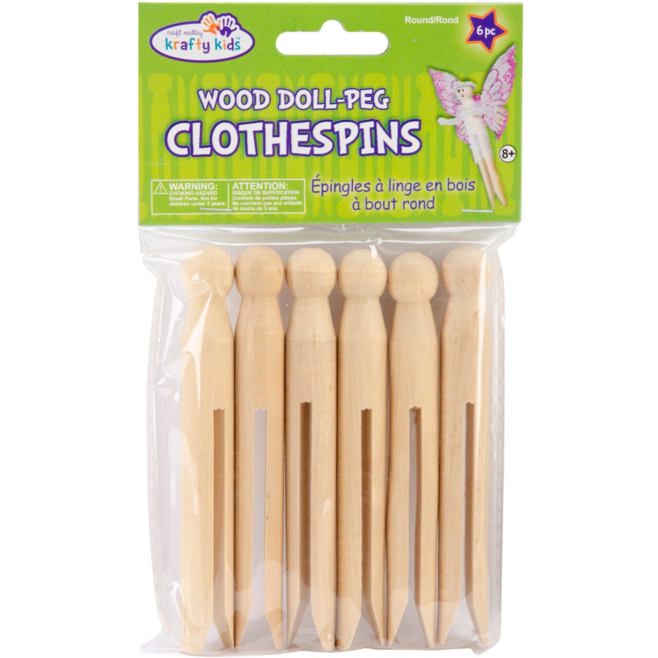 Krafty Kids Wood Doll-Peg Clothespins Round-Natural 4.25" 6/Pkg